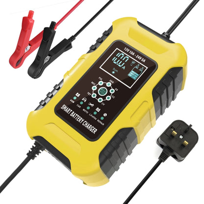 FOXSUR 10A 12V 7-segment Motorcycle / Car Smart Battery Charger, Plug Type:UK Plug(Yellow) - Battery Charger by FOXSUR | Online Shopping UK | buy2fix