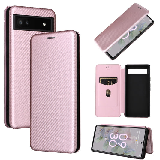 For Google Pixel 6a Carbon Fiber Texture Horizontal Flip Leather Phone Case(Pink) - Google Cases by buy2fix | Online Shopping UK | buy2fix