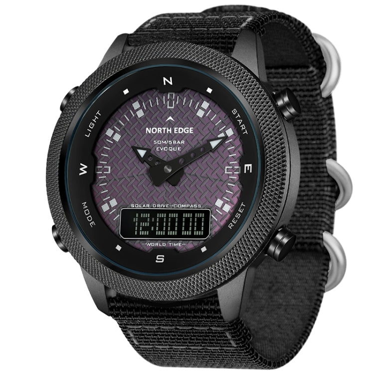 NORTH EDGE EVOQUE Solar Outdoor Waterproof Luminous Sports Nylon Strap Watch(Black) - Nylon Strap Watches by NORTH EDGE | Online Shopping UK | buy2fix