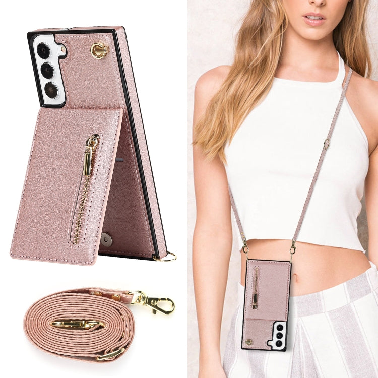 For Samsung Galaxy S22 5G Cross-body Square Zipper Card Holder Bag Phone Case(Rose Gold) - Samsung Accessories by buy2fix | Online Shopping UK | buy2fix