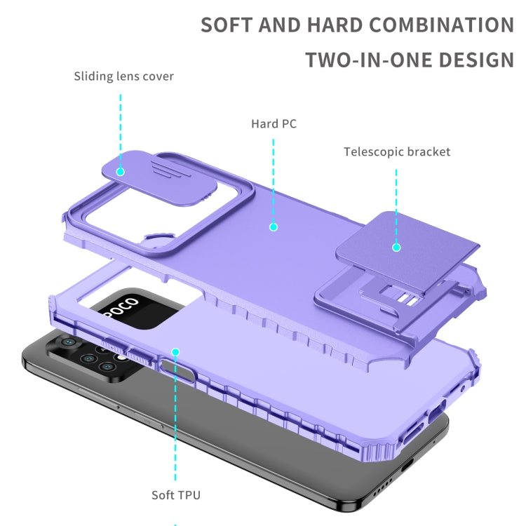 For Xiaomi Poco M4 Pro 4G Stereoscopic Holder Sliding Camshield Phone Case(Purple) - Xiaomi Cases by buy2fix | Online Shopping UK | buy2fix