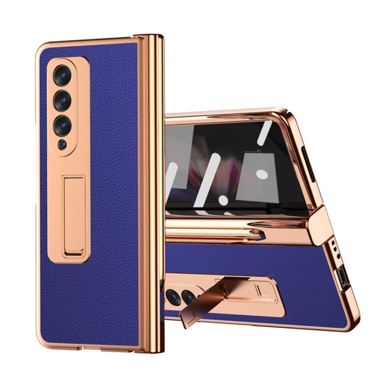 For Samsung Galaxy Z Fold3 5G Litchi Texture Leather Hinged Electroplated Phone Case with S Pen Fold Edition & Protective Film(Blue) - Galaxy Phone Cases by buy2fix | Online Shopping UK | buy2fix