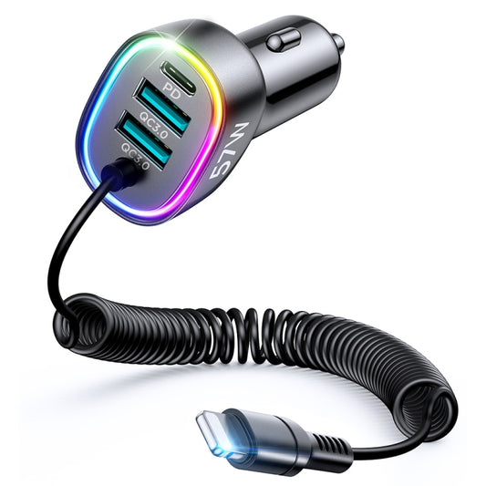 JOYROOM JR-CL20 57W 4 in 1 Car Charger with 8 Pin Coiled Data Cable(Black) - In Car by JOYROOM | Online Shopping UK | buy2fix