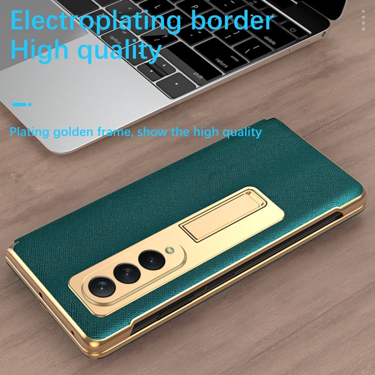 For Samsung Galaxy Z Fold3 5G Cross Texture Integrated Electroplating Hinge Flip Phone Case with Tempered Film(Gold) - Galaxy Phone Cases by buy2fix | Online Shopping UK | buy2fix