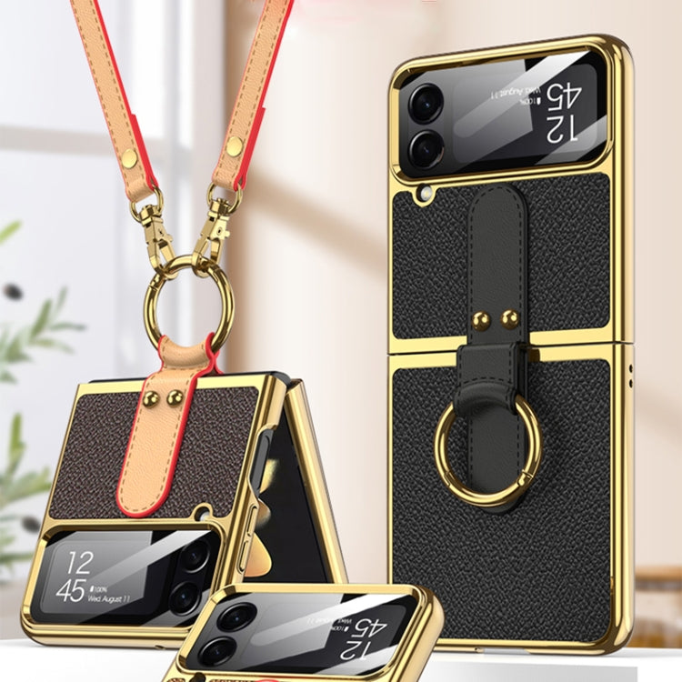 For Samsung Galaxy Z Flip4 GKK Plating + Leather Phone Case with Ring & Strap(Gold) - Galaxy Z Flip4 5G Cases by GKK | Online Shopping UK | buy2fix