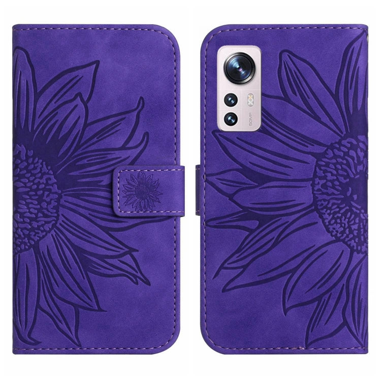 For Xiaomi 12 / 12X Skin Feel Sun Flower Pattern Flip Leather Phone Case with Lanyard(Dark Purple) - 12 Cases by buy2fix | Online Shopping UK | buy2fix