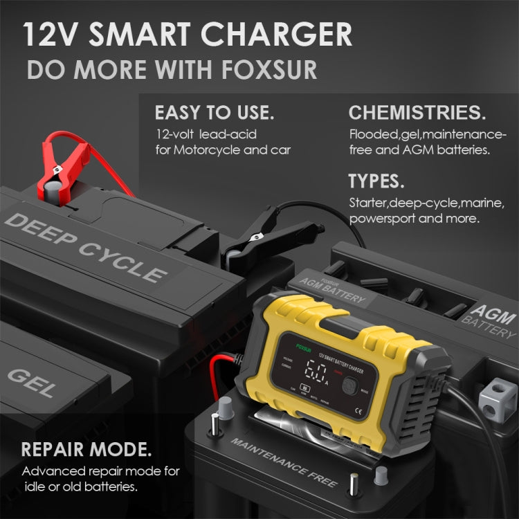 FOXSUR 6A 12V Motorcycle / Car Smart Battery Charger, Plug Type:US Plug(Yellow) - In Car by FOXSUR | Online Shopping UK | buy2fix