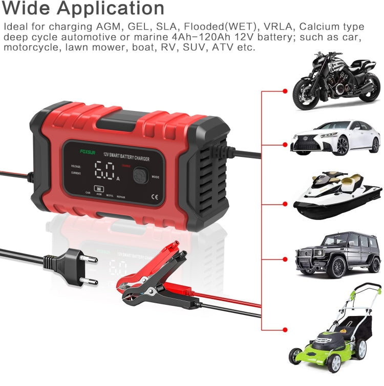 FOXSUR 6A 12V Motorcycle / Car Smart Battery Charger, Plug Type:UK Plug(Red) - In Car by FOXSUR | Online Shopping UK | buy2fix