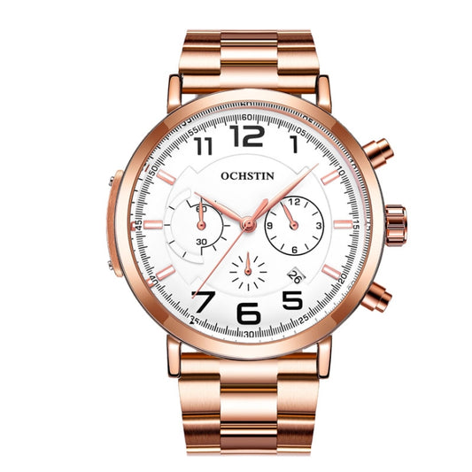 OCHSTIN 7243 Men Fashion Steel Strap Multifunctional Quartz Watch(Rose Gold White) - Metal Strap Watches by OCHSTIN | Online Shopping UK | buy2fix
