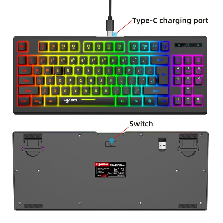 HXSJ L100 87 Keys RGB Backlit Film 2.4G Wireless Keyboard(Black) - Wireless Keyboard by HXSJ | Online Shopping UK | buy2fix