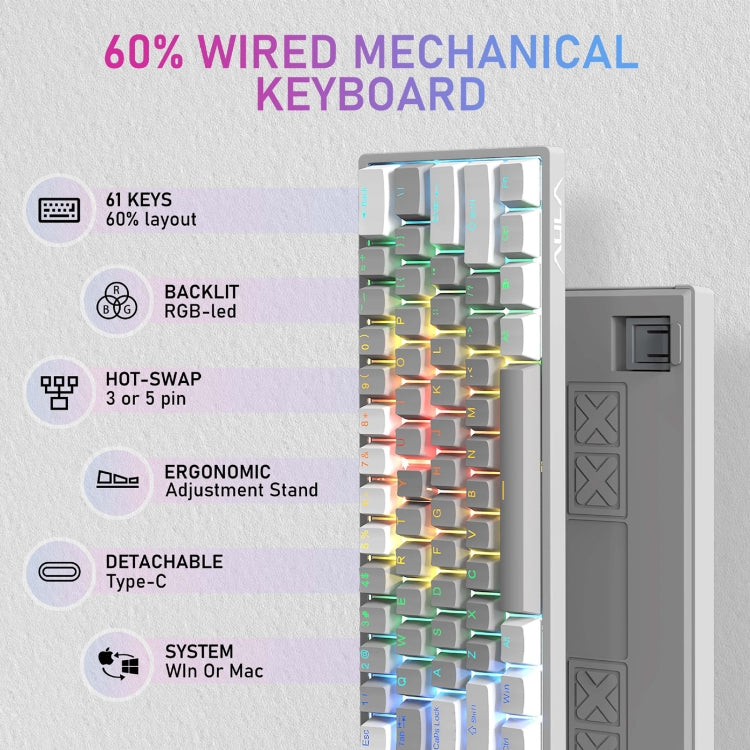 AULA F3261 Type-C Wired Hot Swappable 61 Keys RGB Mechanical Keyboard(White Grey Green Shaft) -  by AULA | Online Shopping UK | buy2fix