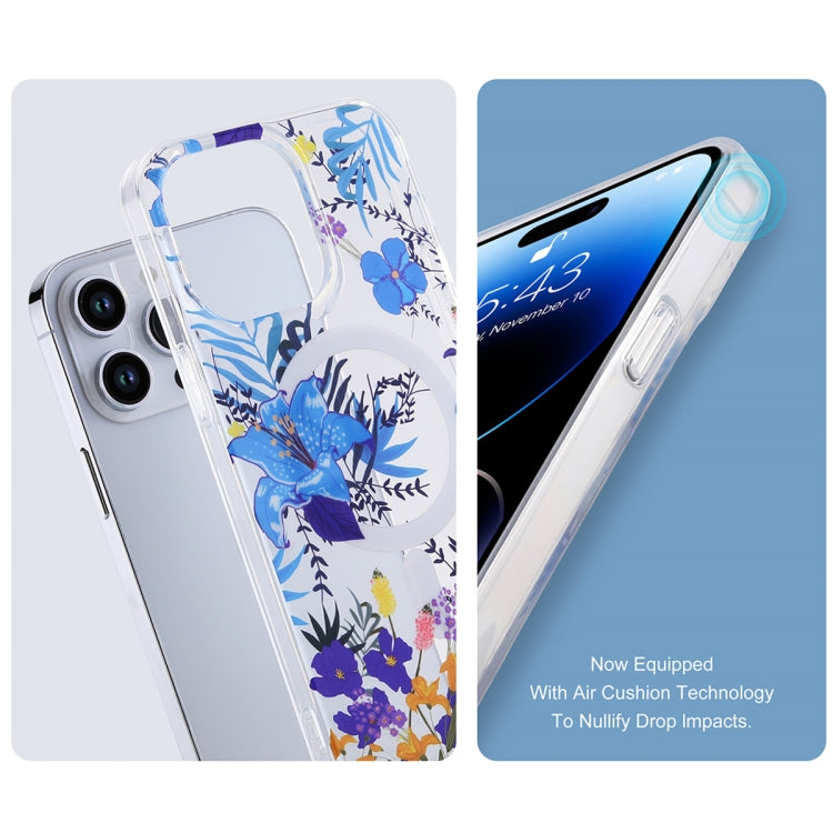 For iPhone 14 Transparent Double Sided Magsafe Phone Case(Sky Blue Flower) - iPhone 14 Cases by buy2fix | Online Shopping UK | buy2fix