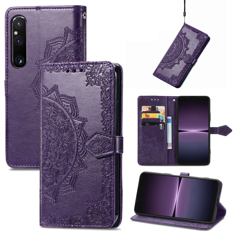 For Sony Xperia 1 IV Mandala Flower Embossed Leather Phone Case(Purple) - Sony Cases by buy2fix | Online Shopping UK | buy2fix