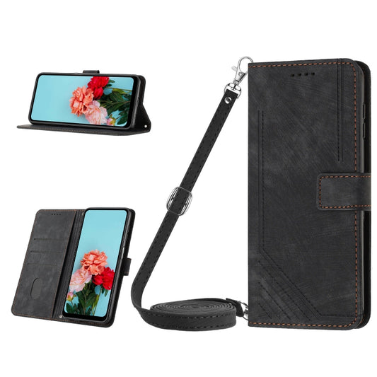 For Tecno Spark 10 Pro Skin Feel Stripe Pattern Leather Phone Case with Lanyard(Black) - Tecno Cases by buy2fix | Online Shopping UK | buy2fix