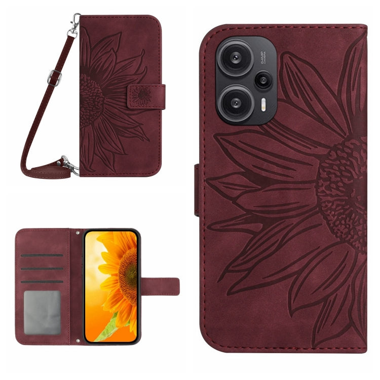 For Xiaomi Poco F5 Skin Feel Sun Flower Embossed Flip Leather Phone Case with Lanyard(Wine Red) - Xiaomi Cases by buy2fix | Online Shopping UK | buy2fix