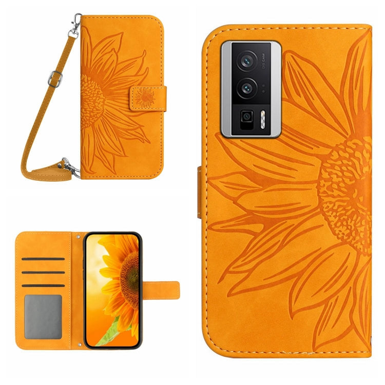 For Xiaomi Poco F5 Pro Skin Feel Sun Flower Embossed Flip Leather Phone Case with Lanyard(Yellow) - Xiaomi Cases by buy2fix | Online Shopping UK | buy2fix