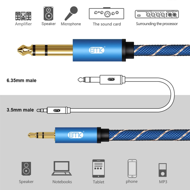 EMK 3.5mm Jack Male to 6.35mm Jack Male Gold Plated Connector Nylon Braid AUX Cable for Computer / X-BOX / PS3 / CD / DVD, Cable Length:2m(Dark Blue) - Audio Optical Cables by EMK | Online Shopping UK | buy2fix