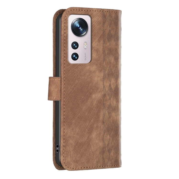 For Xiaomi 12 Plaid Embossed Leather Phone Case(Brown) - 12 Cases by buy2fix | Online Shopping UK | buy2fix