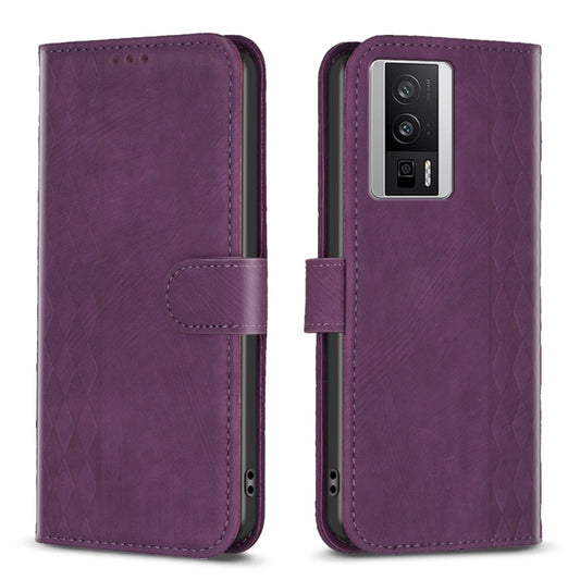 For Xiaomi Redmi K60 / K60 Pro Plaid Embossed Leather Phone Case(Purple) - Redmi K60 Cases by buy2fix | Online Shopping UK | buy2fix
