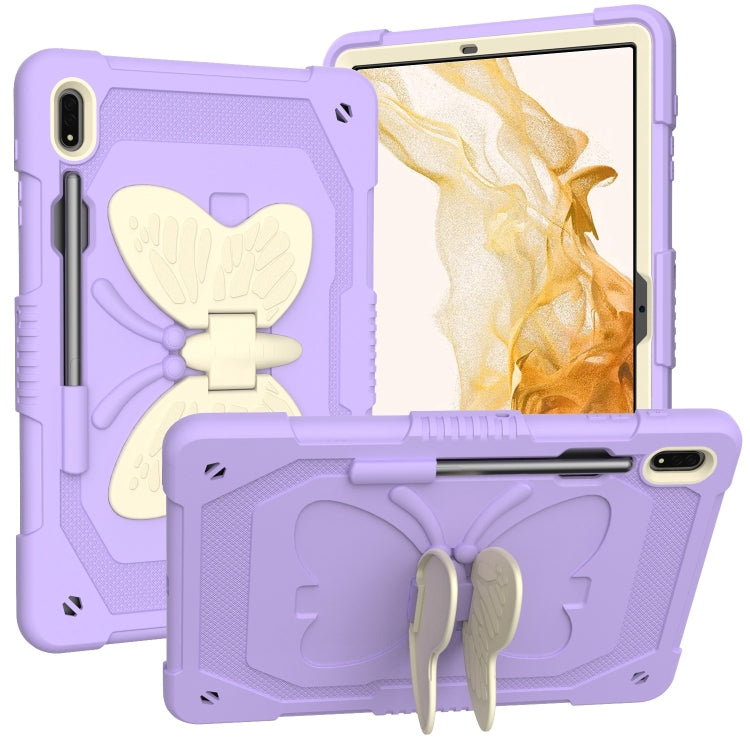 For Samsung Galaxy Tab S8+ / S7+ Butterfly Kickstand Heavy Duty Hard Rugged Tablet Case(Beige+Raro Purple) - Galaxy Tab S8+ Cases by buy2fix | Online Shopping UK | buy2fix