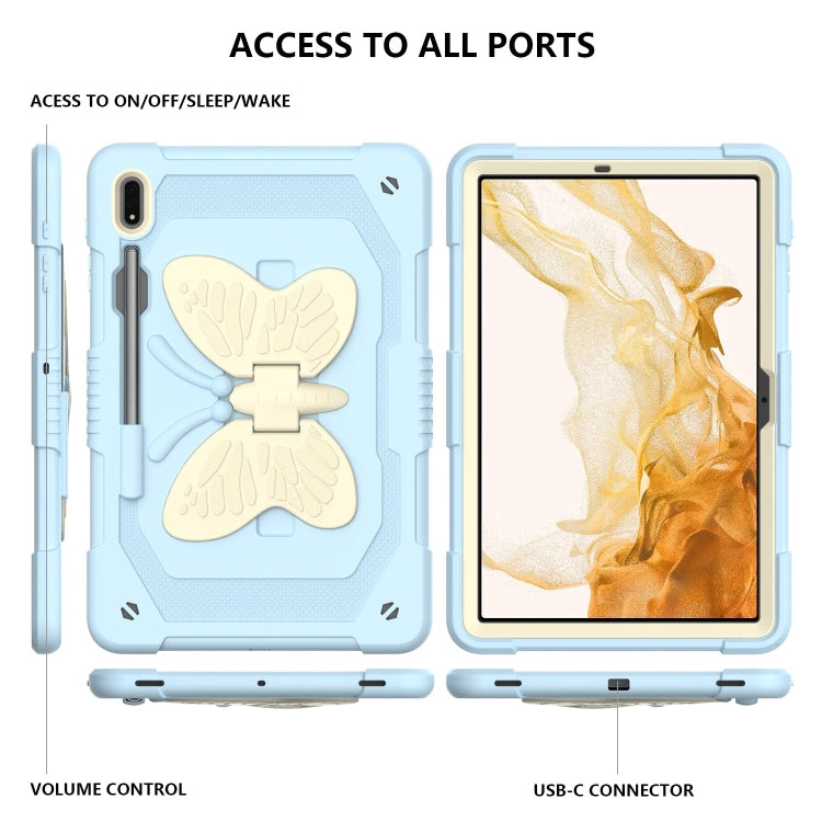 For Samsung Galaxy Tab S8+ / S7+ Butterfly Kickstand Heavy Duty Hard Rugged Tablet Case(Beige+Ice Blue) - Galaxy Tab S8+ Cases by buy2fix | Online Shopping UK | buy2fix