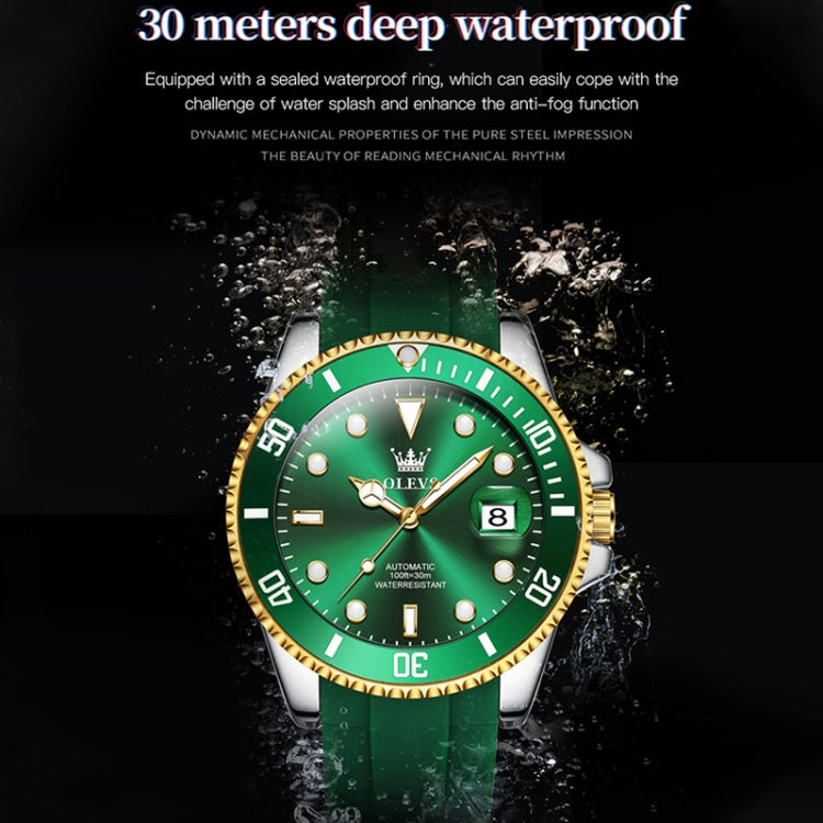 OLEVS 6650 Men Luminous Waterproof Silicone Strap Mechanical Watch(Green + Gold) - Silicone Strap Watches by OLEVS | Online Shopping UK | buy2fix