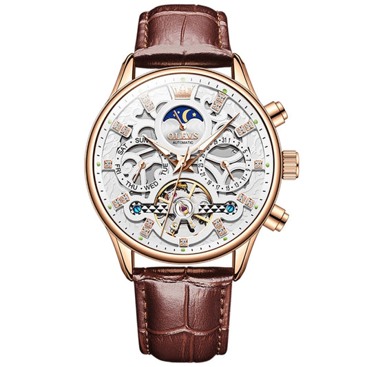 OLEVS 6658 Men Luminous Waterproof Leather Strap Mechanical Watch(White + Rose Gold) - Leather Strap Watches by OLEVS | Online Shopping UK | buy2fix