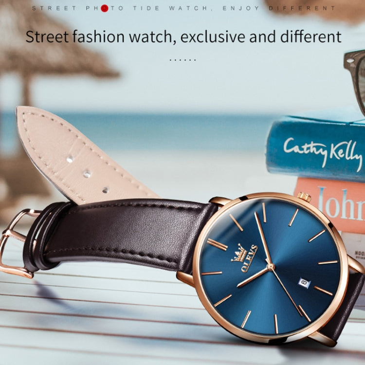 OLEVS 5869 1 Pair Couple Waterproof Genuine Leather Strap Quartz Watch(Blue) - Couple Watches by buy2fix | Online Shopping UK | buy2fix