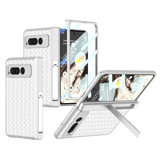 For Google Pixel Fold GKK Integrated Woven Folding Hinge Leather Phone Case with Holder(White) - Google Cases by GKK | Online Shopping UK | buy2fix