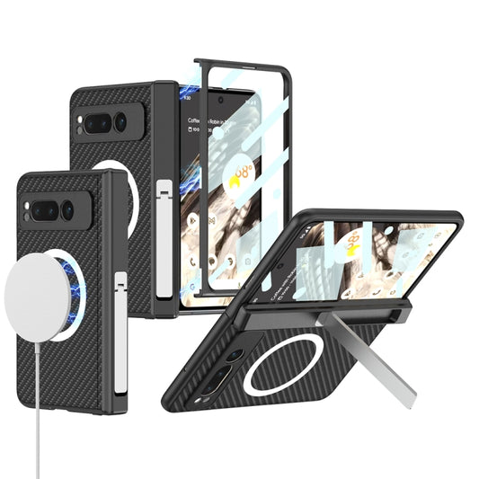 For Google Pixel Fold GKK Integrated Magsafe Fold Hinge Full Coverage Leather Phone Case with Holder(Carbon Fibre Black) - Google Cases by GKK | Online Shopping UK | buy2fix