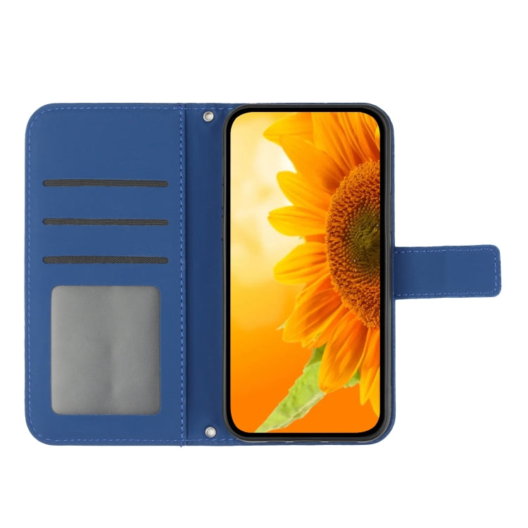 For iPhone 15 Skin Feel Sun Flower Embossed Flip Leather Phone Case with Lanyard(Dark Blue) - iPhone 15 Cases by buy2fix | Online Shopping UK | buy2fix