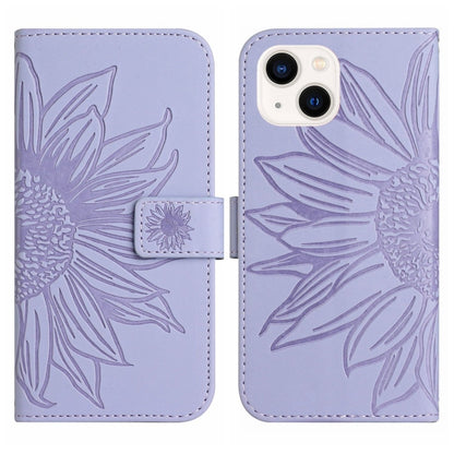 For iPhone 15 Plus Skin Feel Sun Flower Embossed Flip Leather Phone Case with Lanyard(Purple) - iPhone 15 Plus Cases by buy2fix | Online Shopping UK | buy2fix