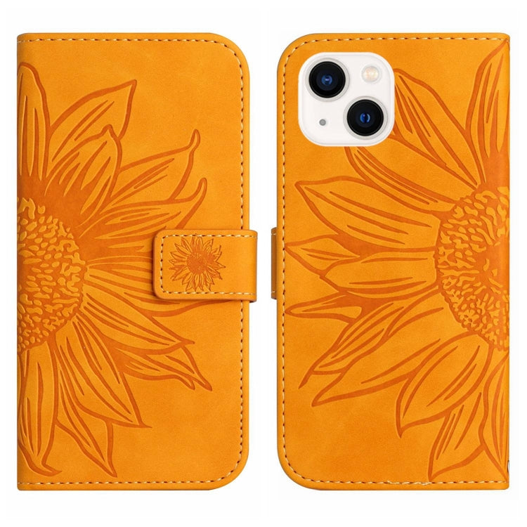 For iPhone 15 Plus Skin Feel Sun Flower Embossed Flip Leather Phone Case with Lanyard(Yellow) - iPhone 15 Plus Cases by buy2fix | Online Shopping UK | buy2fix