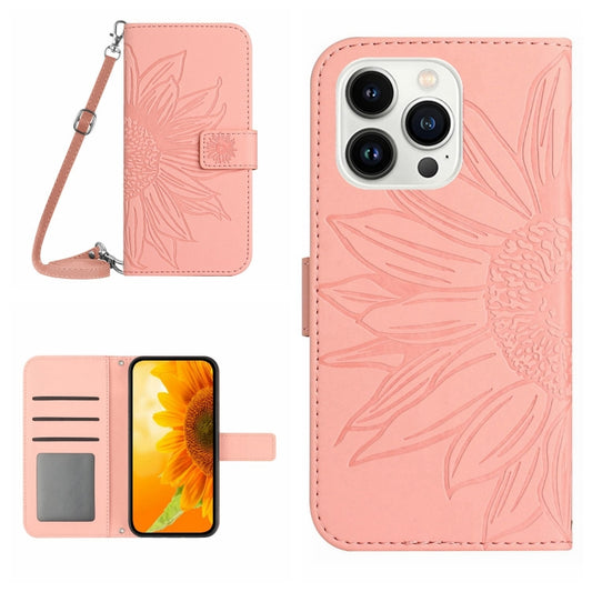 For iPhone 15 Pro Skin Feel Sun Flower Embossed Flip Leather Phone Case with Lanyard(Pink) - iPhone 15 Pro Cases by buy2fix | Online Shopping UK | buy2fix