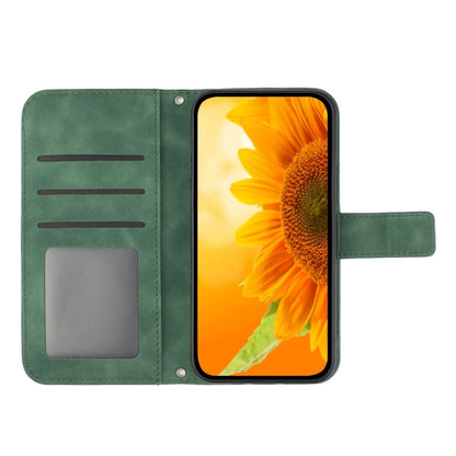 For iPhone 15 Pro Skin Feel Sun Flower Embossed Flip Leather Phone Case with Lanyard(Green) - iPhone 15 Pro Cases by buy2fix | Online Shopping UK | buy2fix