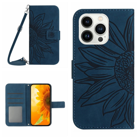 For iPhone 15 Pro Skin Feel Sun Flower Embossed Flip Leather Phone Case with Lanyard(Inky Blue) - iPhone 15 Pro Cases by buy2fix | Online Shopping UK | buy2fix