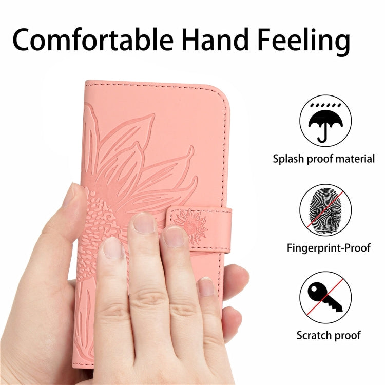 For iPhone 15 Pro Max Skin Feel Sun Flower Embossed Flip Leather Phone Case with Lanyard(Pink) - iPhone 15 Pro Max Cases by buy2fix | Online Shopping UK | buy2fix