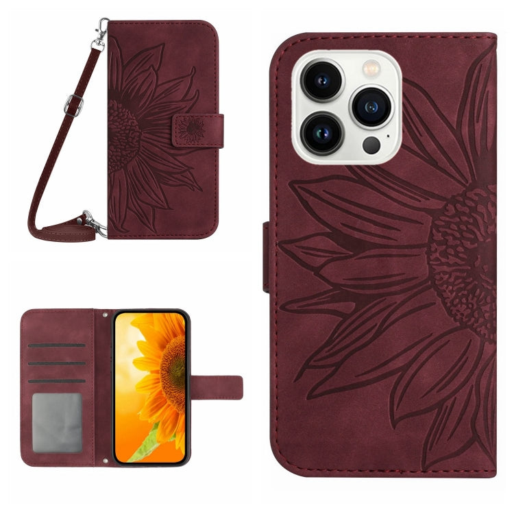 For iPhone 15 Pro Max Skin Feel Sun Flower Embossed Flip Leather Phone Case with Lanyard(Wine Red) - iPhone 15 Pro Max Cases by buy2fix | Online Shopping UK | buy2fix