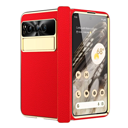 For Google Pixel Fold Litchi Pattern Electroplating Folding Phone Case with Hinge(Red) - Google Cases by buy2fix | Online Shopping UK | buy2fix