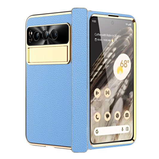 For Google Pixel Fold Litchi Pattern Electroplating Folding Phone Case with Hinge(Blue) - Google Cases by buy2fix | Online Shopping UK | buy2fix