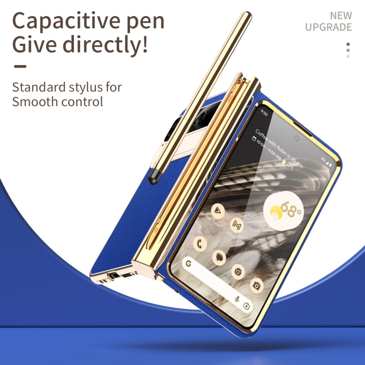 For Google Pixel Fold Litchi Pattern Electroplating Pen Slot Folding Phone Case with Stylus(Royal Blue) - Google Cases by buy2fix | Online Shopping UK | buy2fix