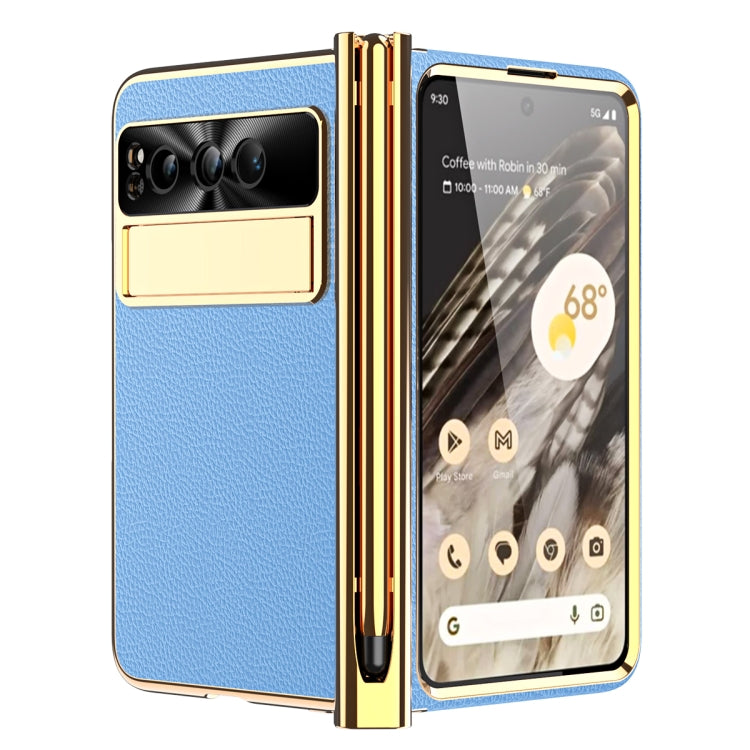 For Google Pixel Fold Litchi Pattern Electroplating Pen Slot Folding Phone Case with Stylus(Blue) - Google Cases by buy2fix | Online Shopping UK | buy2fix