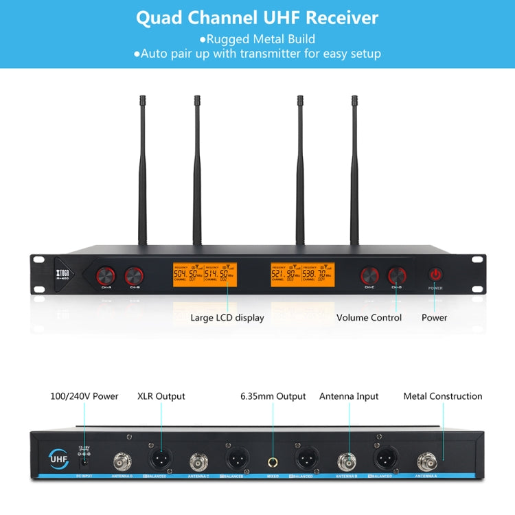 XTUGA A400-H Professional 4-Channel UHF Wireless Microphone System with 4 Handheld Microphone(UK Plug) - Microphone by XTUGA | Online Shopping UK | buy2fix