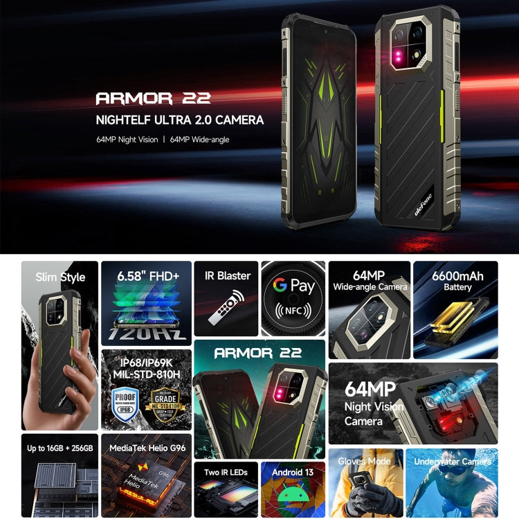 Ulefone Armor 22, 8GB+128GB, IP68/IP69K Rugged Phone, 6.58 inch Android 13 MediaTek Helio G96 Octa Core, Network: 4G, NFC, OTG(All Black) - Ulefone by Ulefone | Online Shopping UK | buy2fix