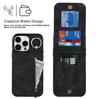 For iPhone 15 Pro Max Retro Ring and Zipper RFID Card Slot Phone Case(Black) - iPhone 15 Pro Max Cases by buy2fix | Online Shopping UK | buy2fix