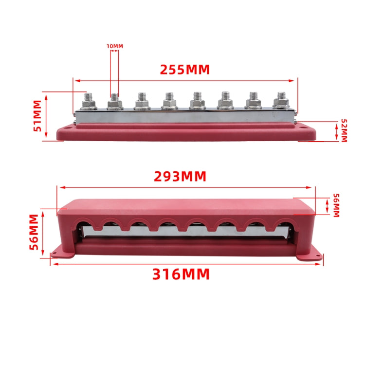 RV 600A High Current busbar 8-way Straight M10 Wiring Studs(Red) - Fuse by buy2fix | Online Shopping UK | buy2fix