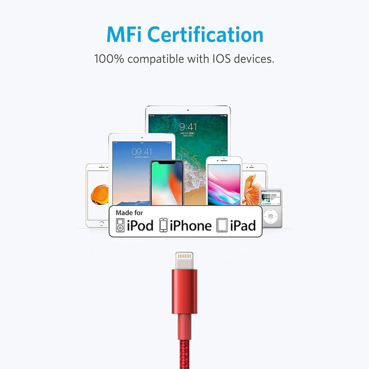 ANKER USB to 8 Pin Apple MFI Certificated Nylon Weaving Charging Data Cable, Length: 1m(Red) - Apple Accessories by ANKER | Online Shopping UK | buy2fix