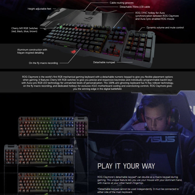 ASUS Claymore USB 2.0 RGB Backlight Detachable Wired Mechanical Black Switch Gaming Keyboard with Detachable Cable - Wired Keyboard by ASUS | Online Shopping UK | buy2fix