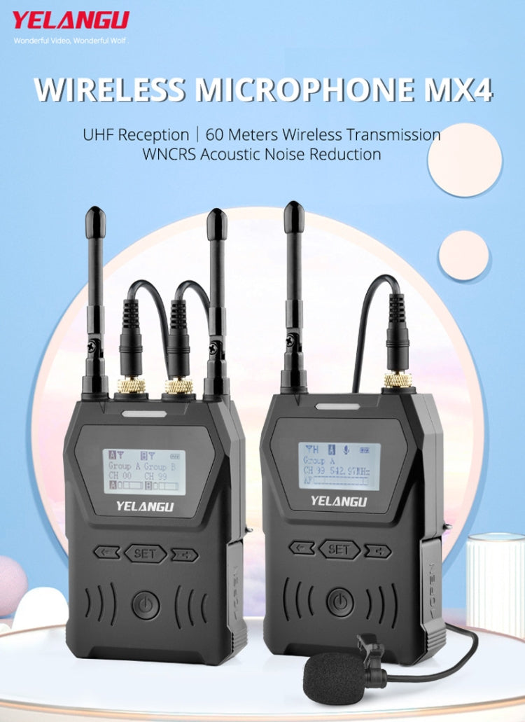 YELANGU YLG9929B MX4 Dual-Channel 100CH UHF Wireless Microphone System with 2 Transmitters and Receiver for DSLR Cameras and Video Cameras(Black) - Camera Microphone by YELANGU | Online Shopping UK | buy2fix