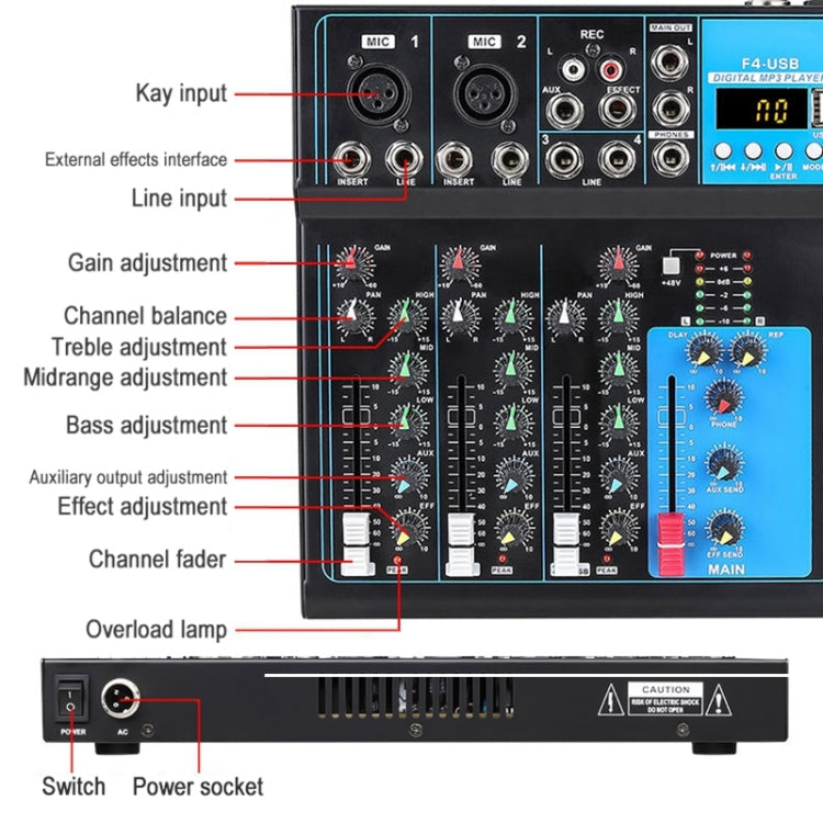 F4 Home 4-channel Bluetooth USB Reverb Mixer, US Plug (Black) - Consumer Electronics by buy2fix | Online Shopping UK | buy2fix